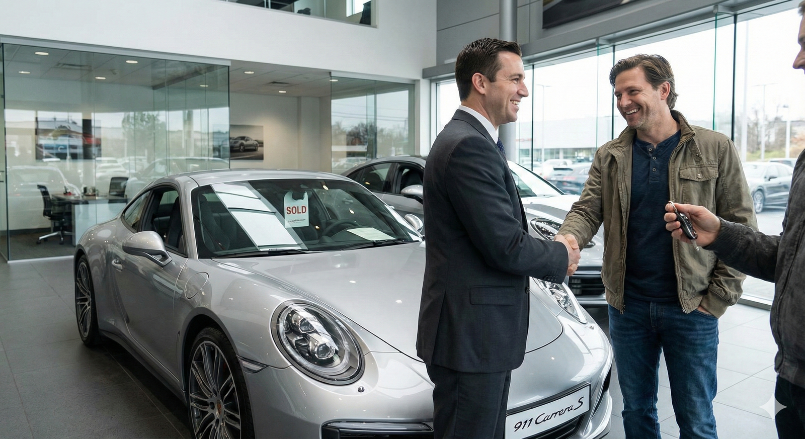 Sales team using tablets in showroom